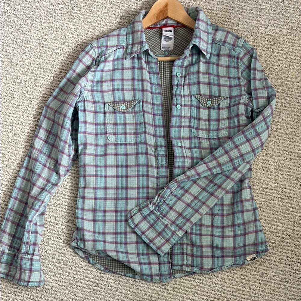 The North Face Aqua and Purple plaid shirt double lined with green check